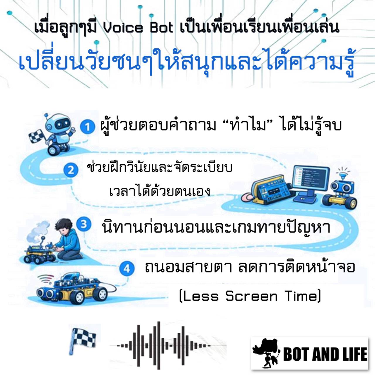 Infographic with a winding path and a robot covering four points for kids: endless why questions answered, building discipline and time management, bedtime stories and riddles, and less screen time.